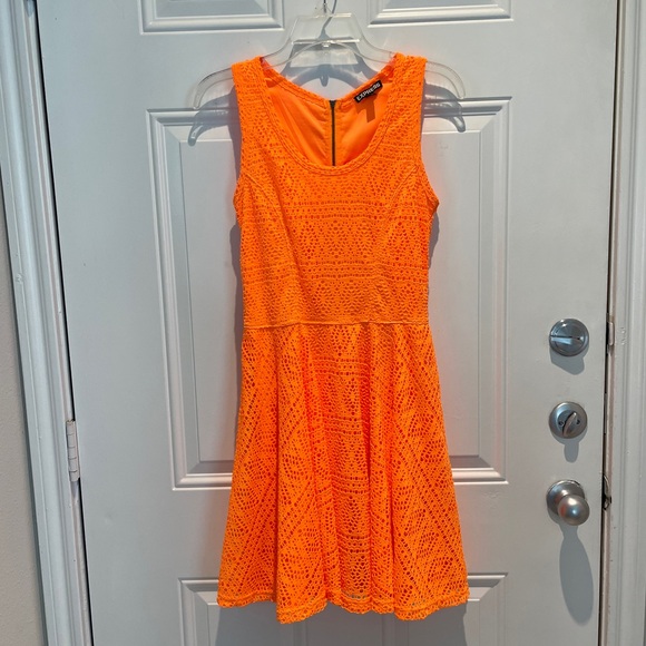Express A-Line Allover Lace Sleeveless Dress Small Retro Neon Orange Mini Flowy - Picture 1 of 11
